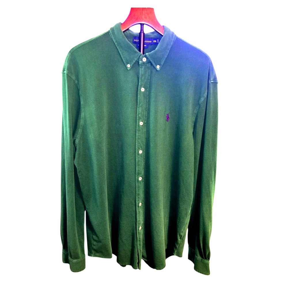 Ralph Lauren Featherweight Mesh Button Down Mens XXL Green Long Sleeve Pony Logo